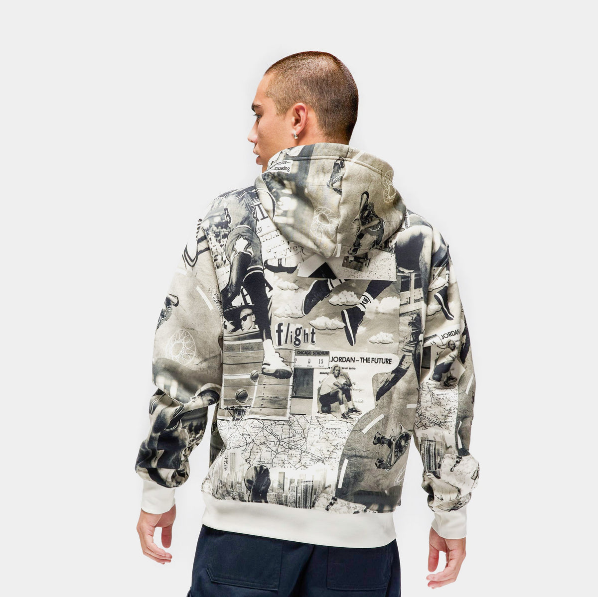 Exclusive Brooklyn Fleece Flight All Over Print Pullover Mens Hoodie (Black/White) — S — Side View