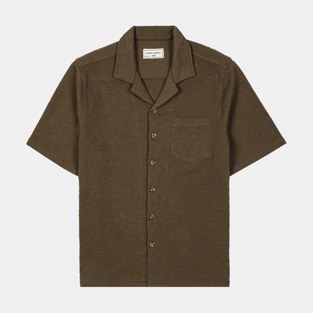 Exclusive Art Decor Knit Mens Short Sleeve Shirt (Brown) — S — Front View