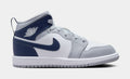 Exclusive Air Jordan 1 Retro Mid Wolf Grey Midnight Navy Preschool Basketball Shoes (White/Wolf Grey/Midnight Navy) — 10.5C — Front View