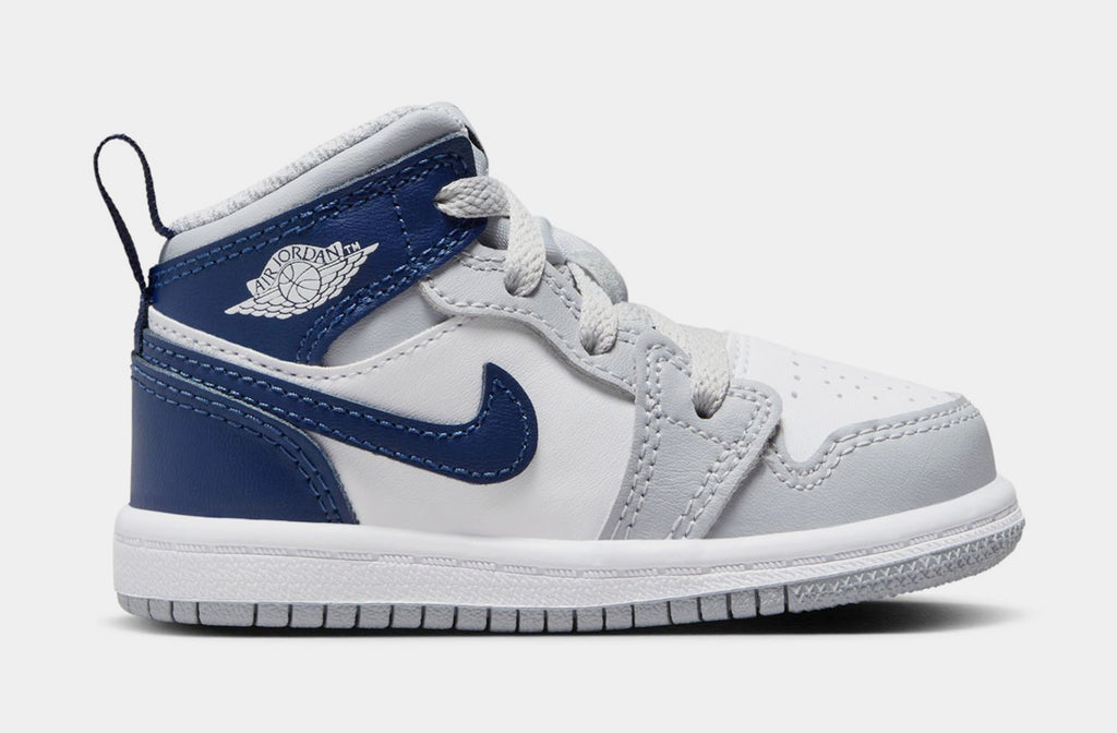 Exclusive Air Jordan 1 Retro Mid Wolf Grey Midnight Navy Infant Toddler Lifestyle Shoes (White/Wolf Grey/Midnight Navy) — 2C — Front View