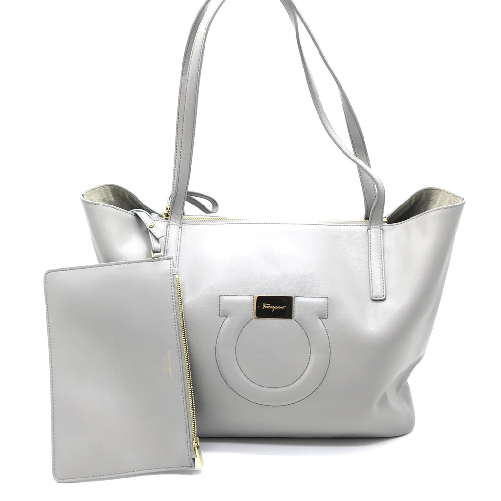 Salvatore Ferragamo Gancio City Light Grey Leather Tote Women's Bag (Pre-Owned)