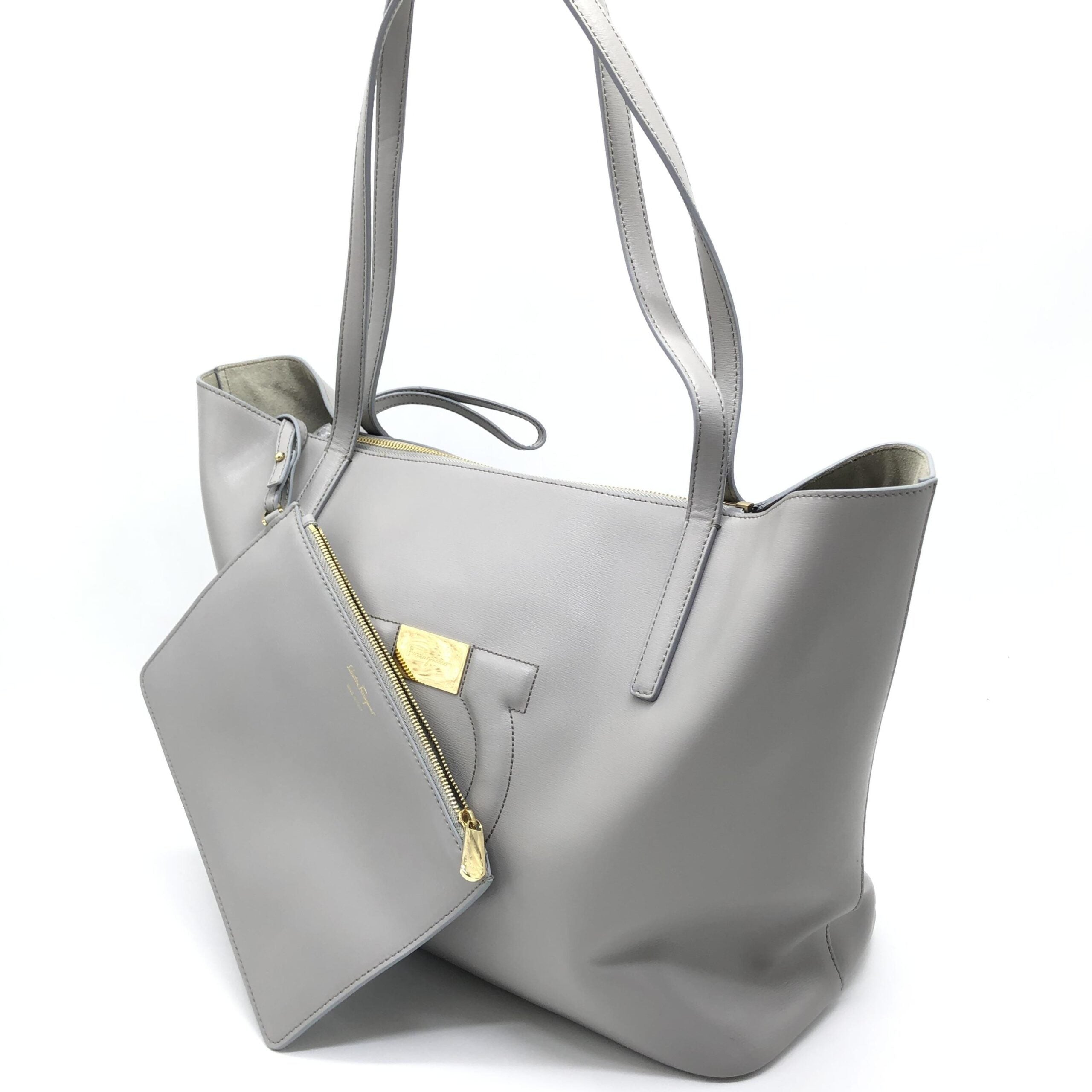Salvatore Ferragamo Gancio City Light Grey Leather Tote Women's Bag (Pre-Owned)