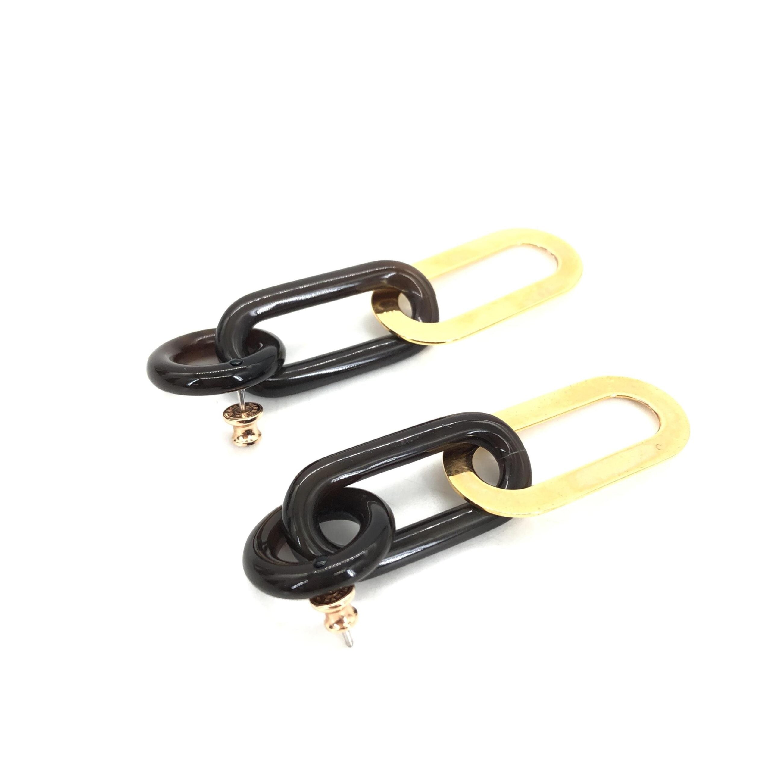 Hermès Gold Plated And Black Chain Link Women's Earrings (Pre-Owned)