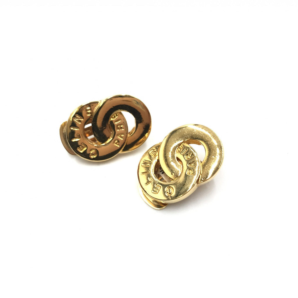 Celine Gold Tone Double Round Motif Women's Earrings (Pre-Owned)