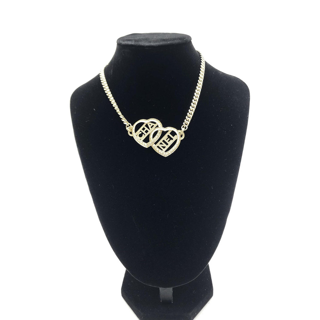 Chanel Gold Tone Heart Choker Necklace With Women's Logo (Pre-Owned)