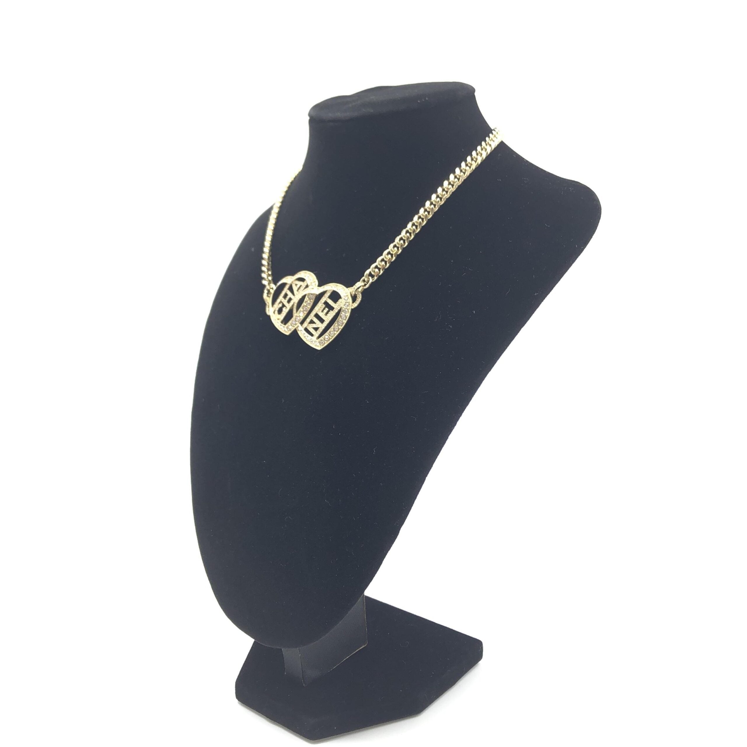 Chanel Gold Tone Heart Choker Necklace With Women's Logo (Pre-Owned)