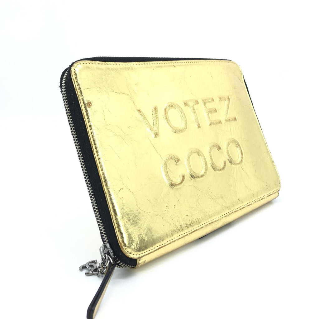 Chanel Gold Tone Votez Coco Zip Women's Clutch (Pre-Owned)