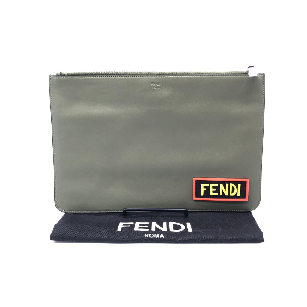 Fendi Moss Green Leather Clutch With Women's Logo (Pre-Owned)
