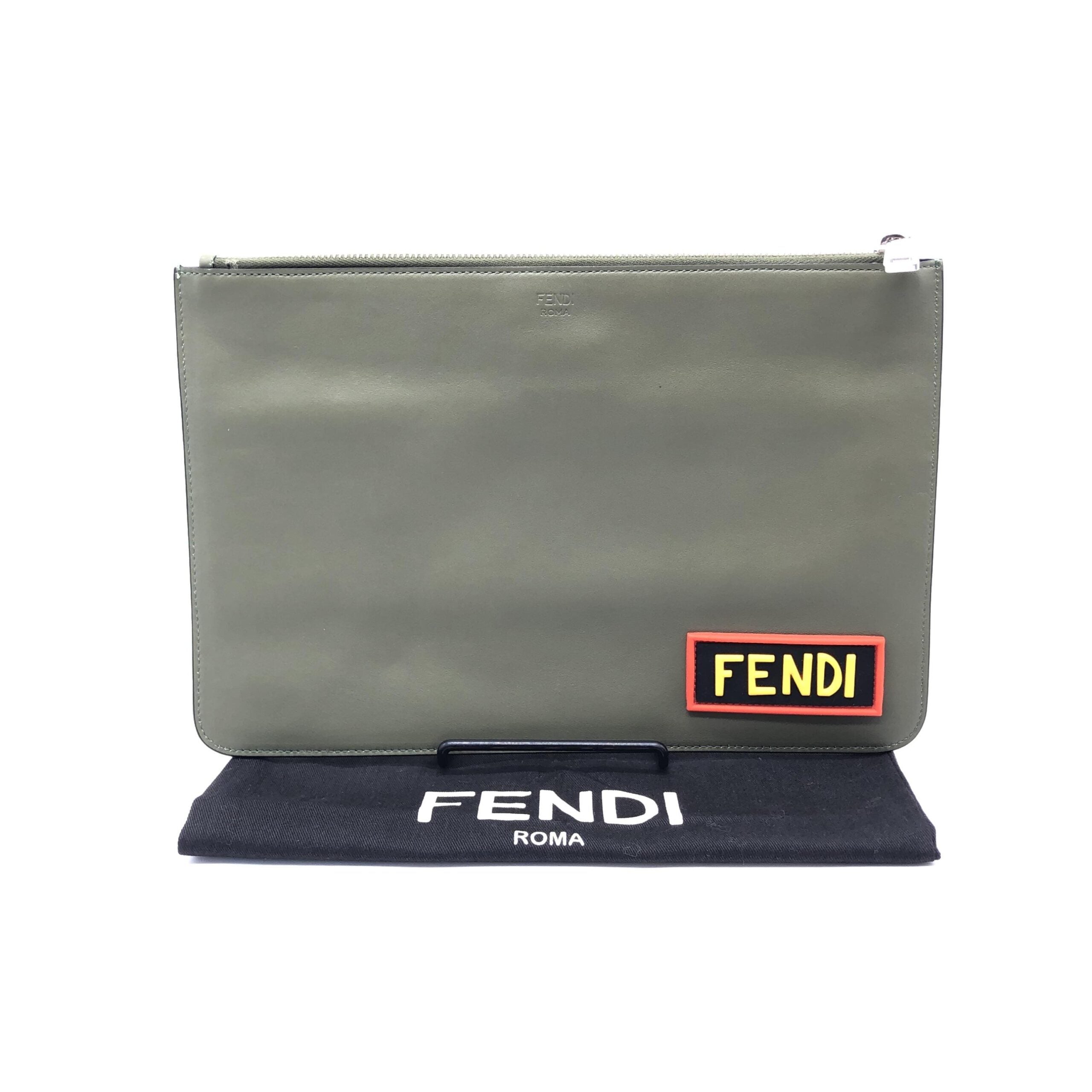 Fendi Moss Green Leather Clutch With Women's Logo (Pre-Owned)