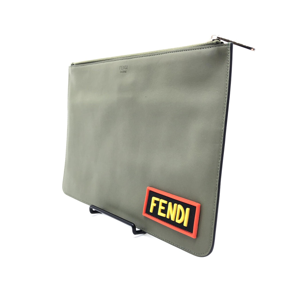 Fendi Moss Green Leather Clutch With Women's Logo (Pre-Owned)
