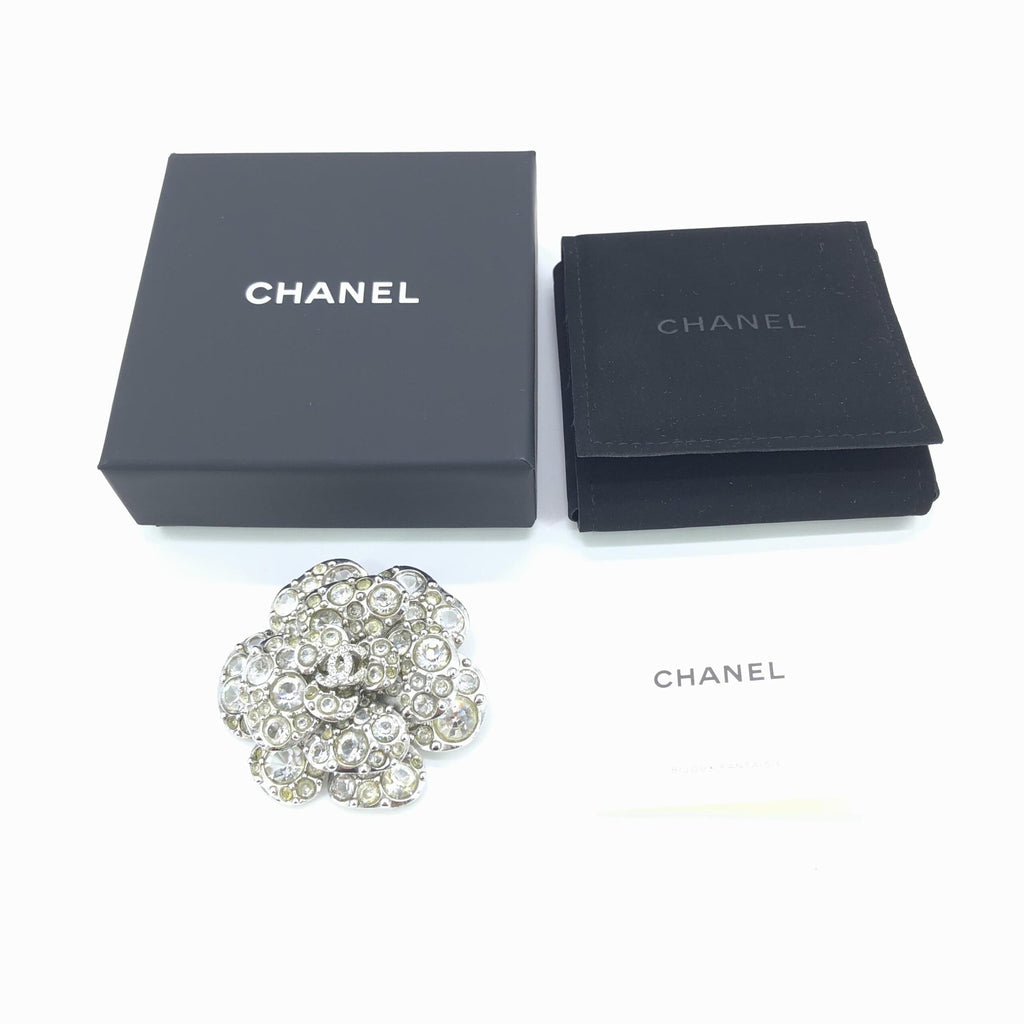 Chanel Silver Crystal Camellia Flower Women's Brooch (Pre-Owned)