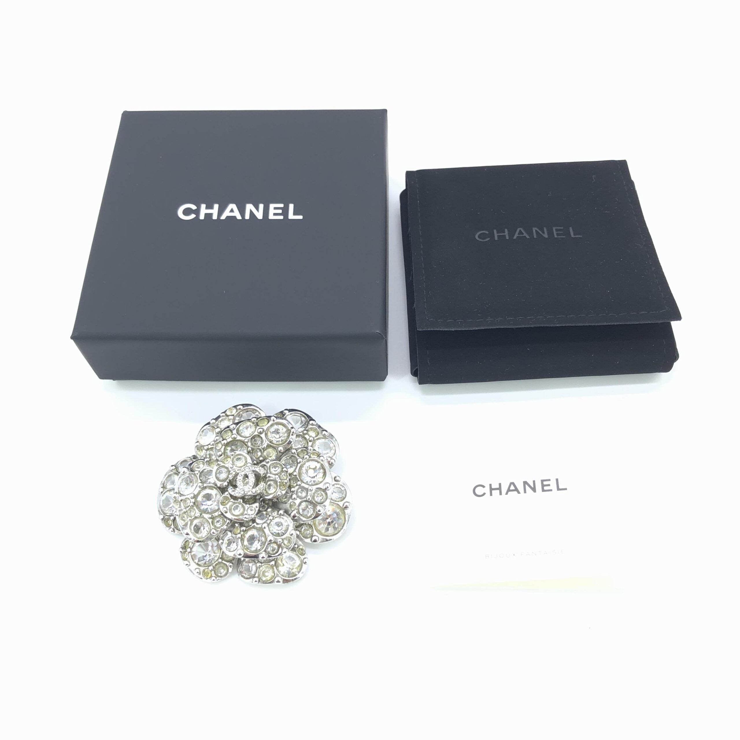 Chanel Silver Crystal Camellia Flower Women's Brooch (Pre-Owned)