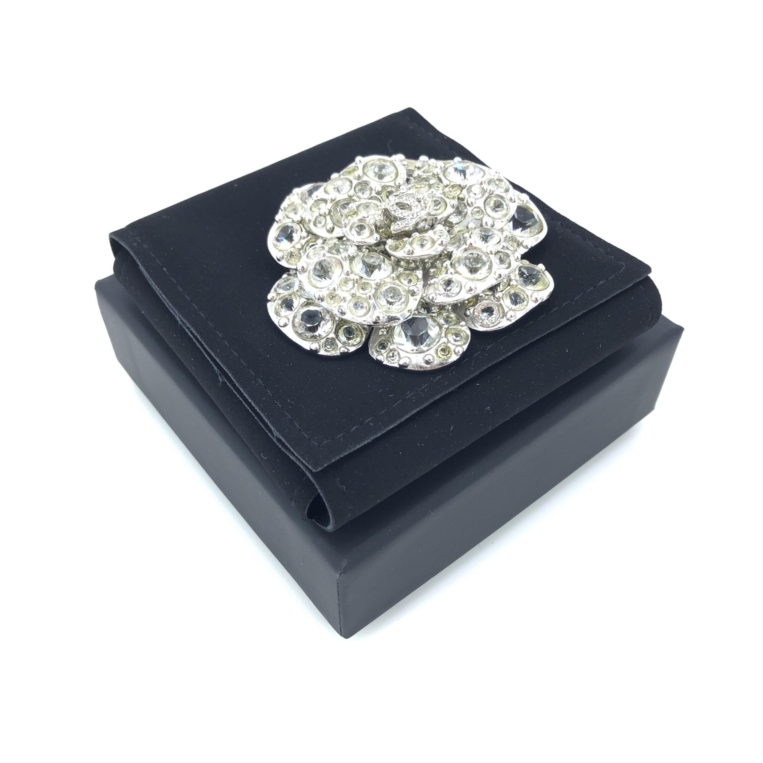 Chanel Silver Crystal Camellia Flower Women's Brooch (Pre-Owned)