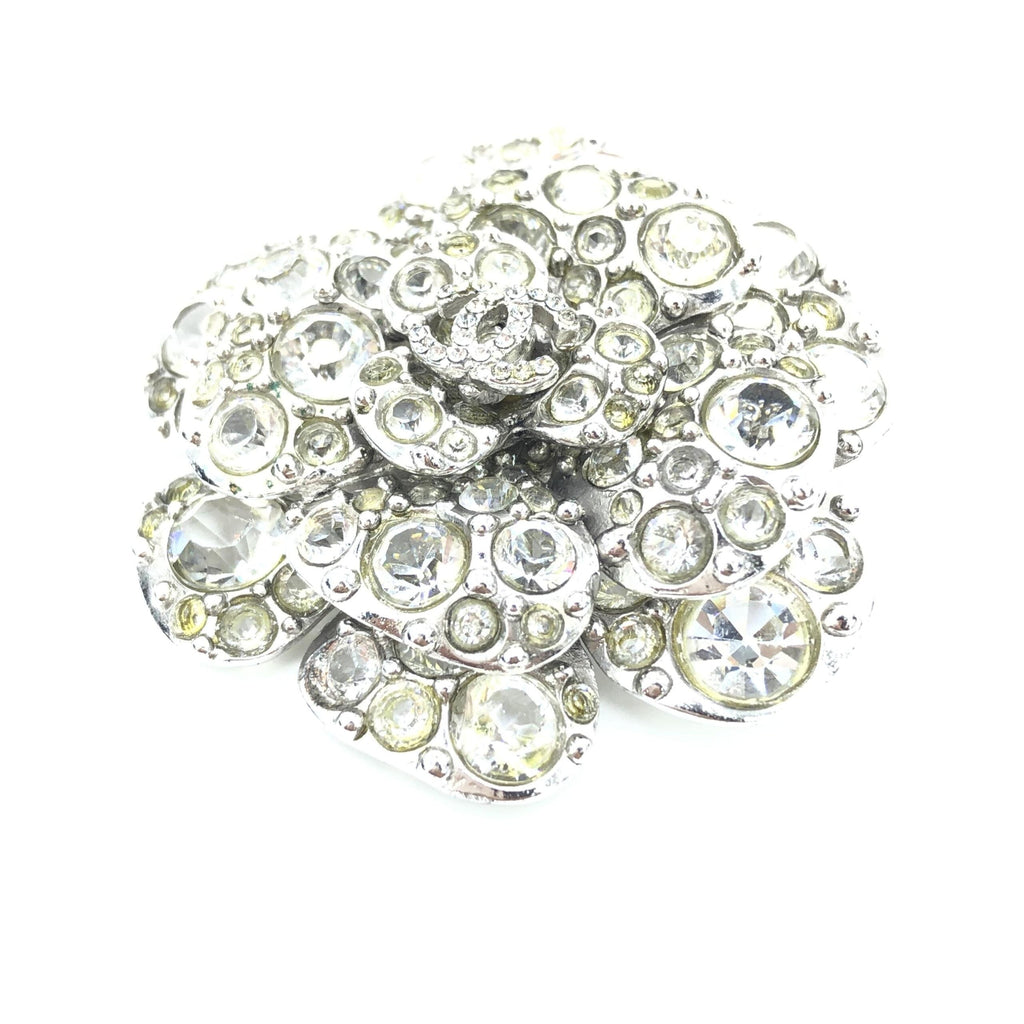 Chanel Silver Crystal Camellia Flower Women's Brooch (Pre-Owned)