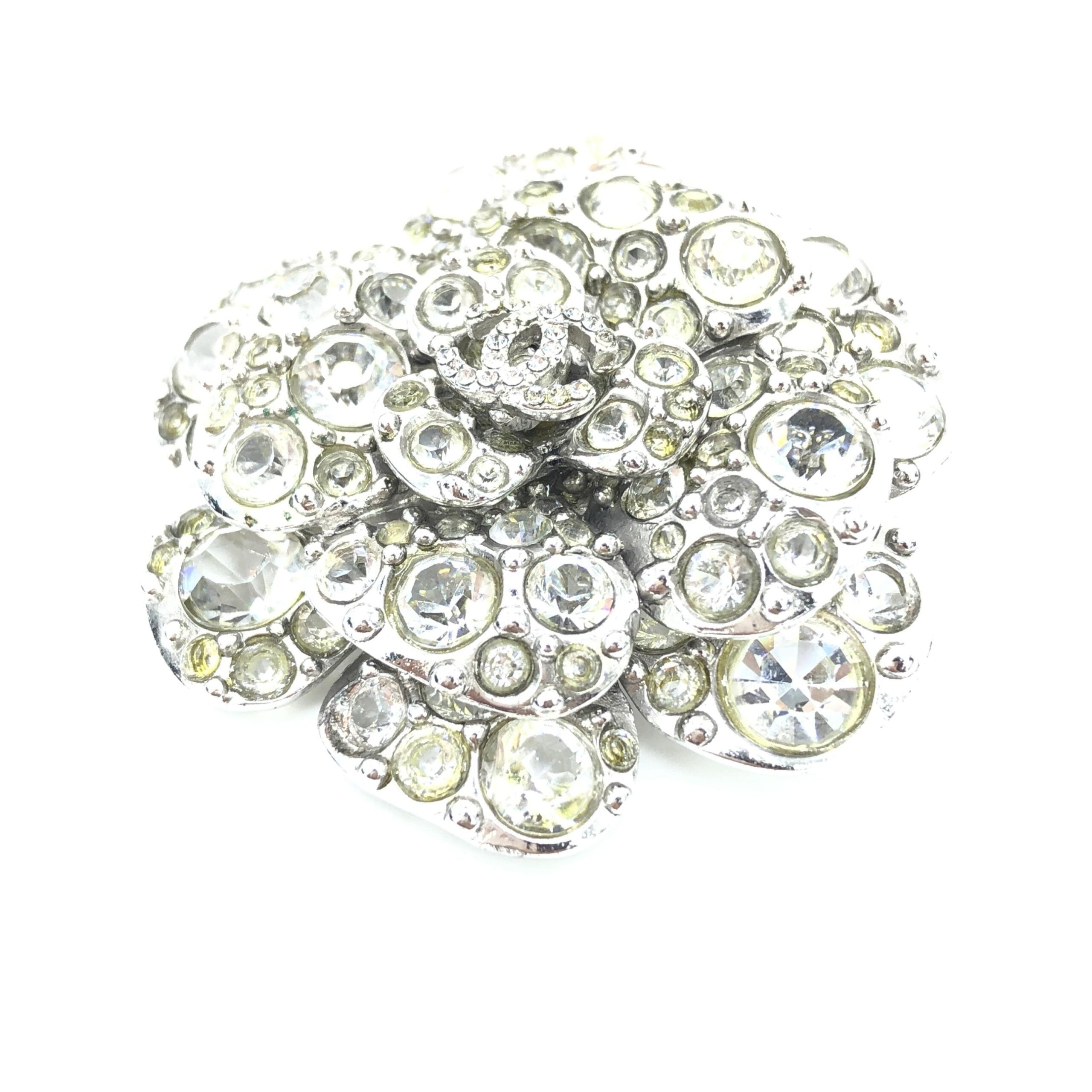 Chanel Silver Crystal Camellia Flower Women's Brooch (Pre-Owned)