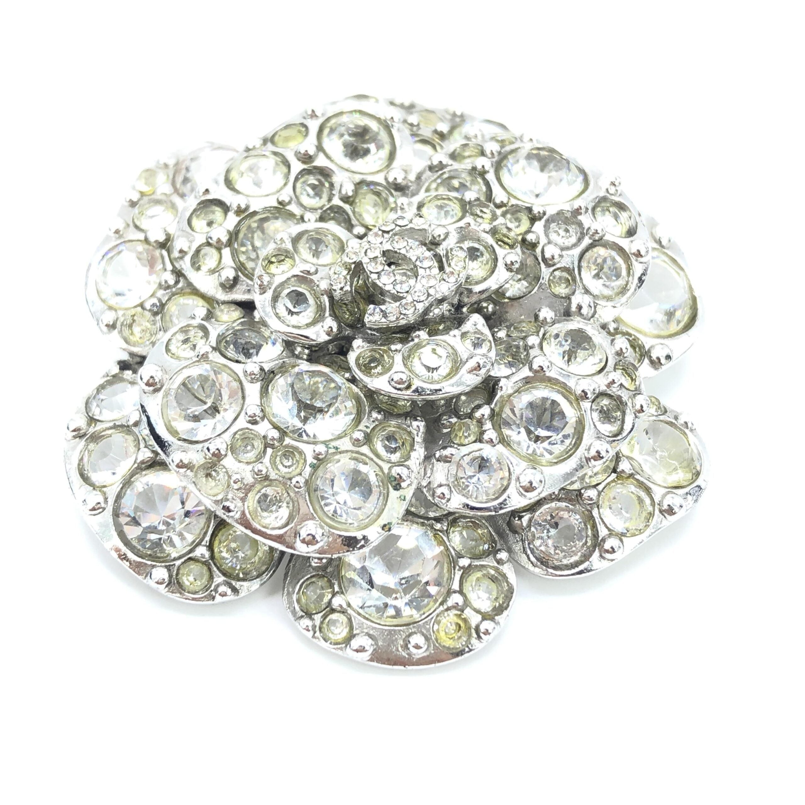 Chanel Silver Crystal Camellia Flower Women's Brooch (Pre-Owned)