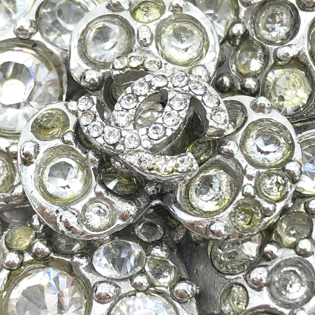 Chanel Silver Crystal Camellia Flower Women's Brooch (Pre-Owned)