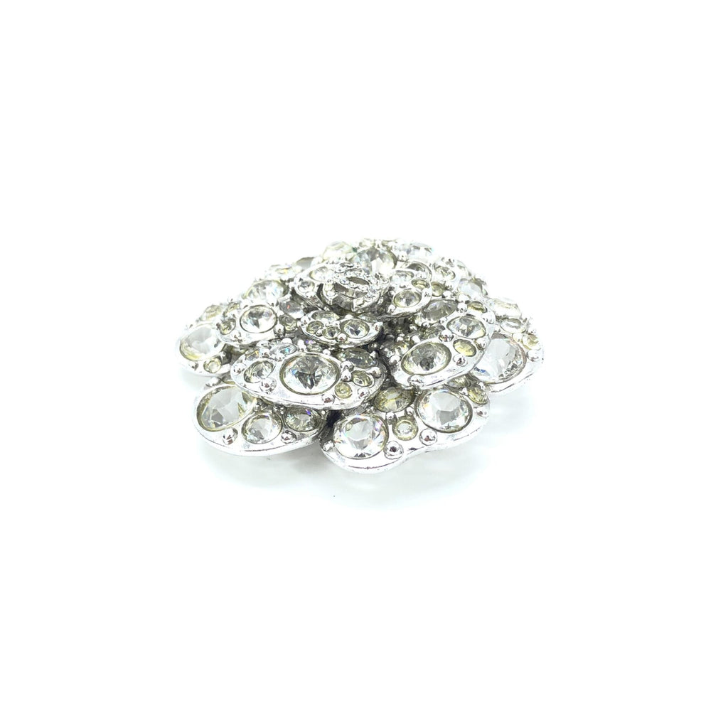 Chanel Silver Crystal Camellia Flower Women's Brooch (Pre-Owned)