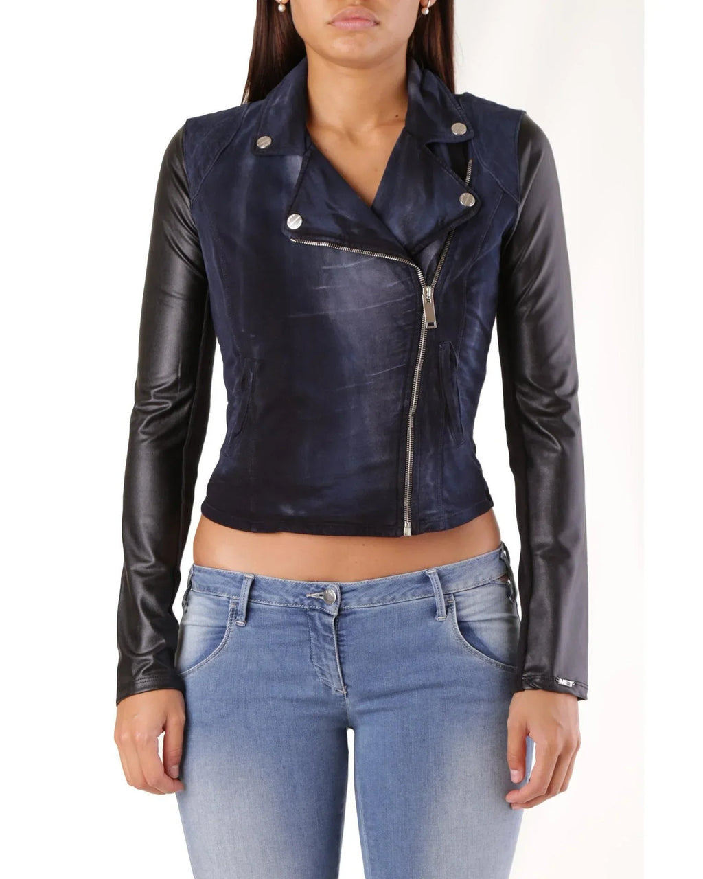 Met Blue Cotton Biker Women's Jacket