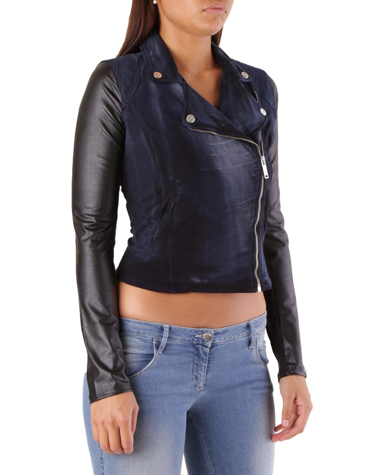 Met Blue Cotton Biker Women's Jacket