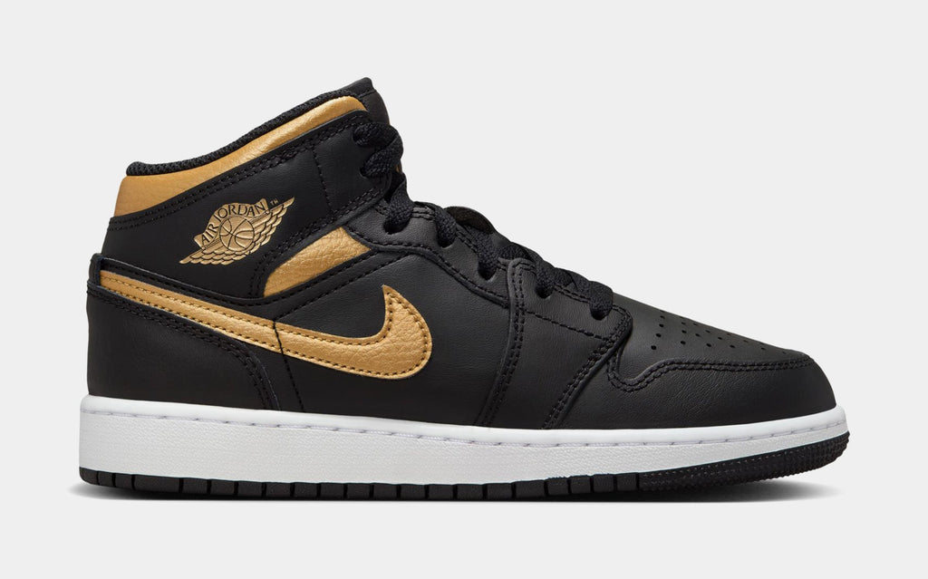 Exclusive Air Jordan 1 Mid Grade School Lifestyle Shoes (Black/White/Metallic Gold) — 3.5Y — Front View