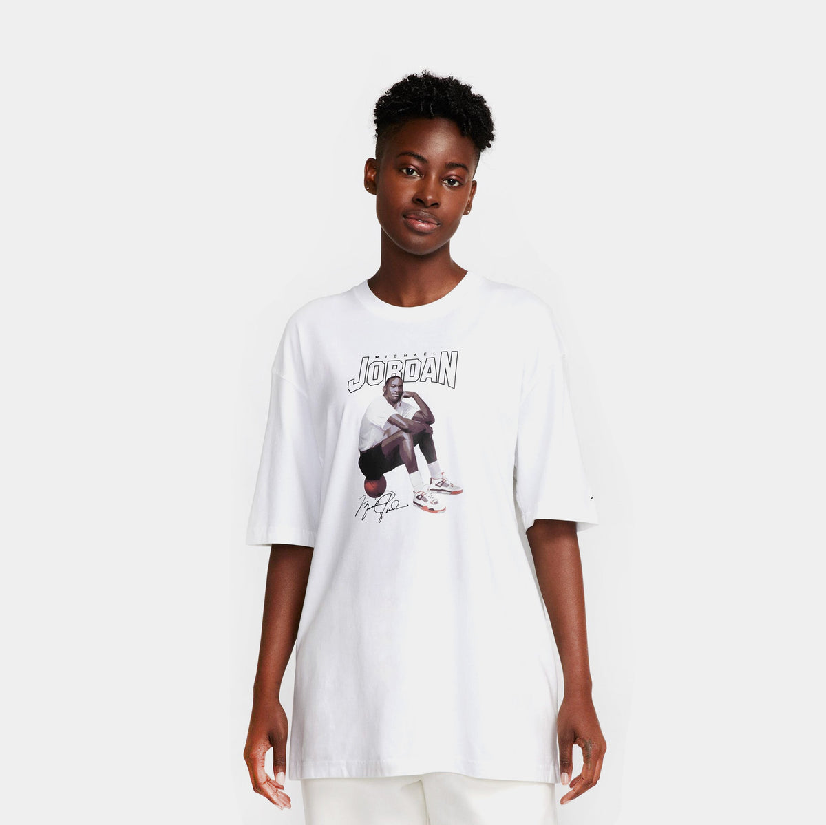 Exclusive Michael Jordan Graphic Womens Short Sleeve Shirt (White) — XS — Front View