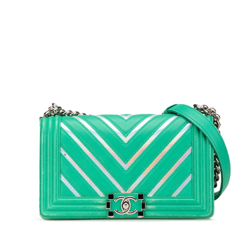 Chanel Boy Flap Bag Chevron Lambskin With Holographic Pvc Green Leather Shoulder Bag Bag (Pre-Owned)