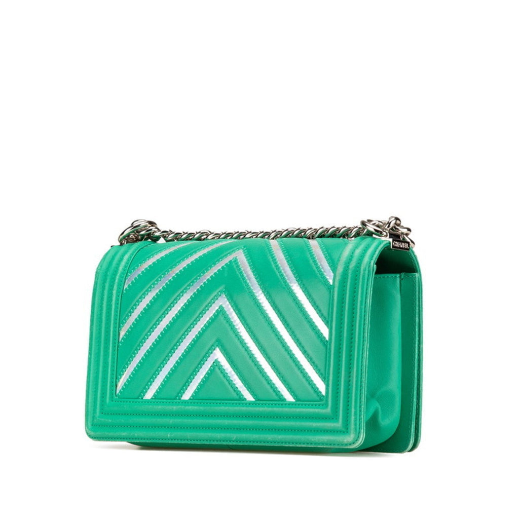 Chanel Boy Flap Bag Chevron Lambskin With Holographic Pvc Green Leather Shoulder Bag Bag (Pre-Owned)
