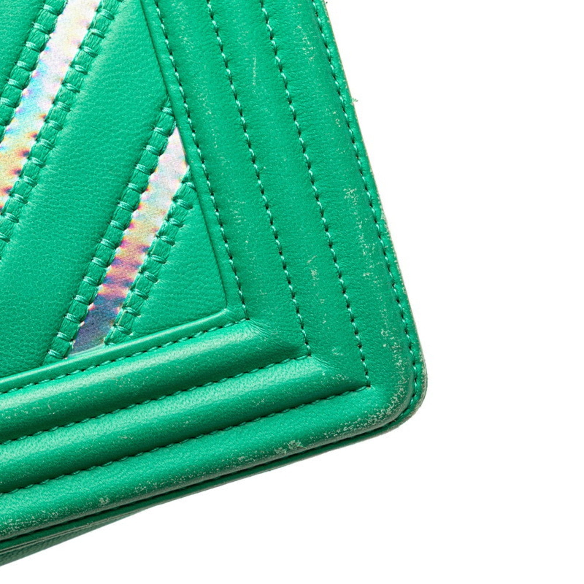 Chanel Boy Flap Bag Chevron Lambskin With Holographic Pvc Green Leather Shoulder Bag Bag (Pre-Owned)
