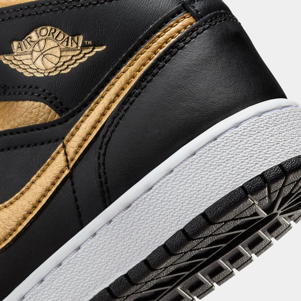 Exclusive Air Jordan 1 Mid Grade School Lifestyle Shoes (Black/White/Metallic Gold) — 3.5Y — Back View