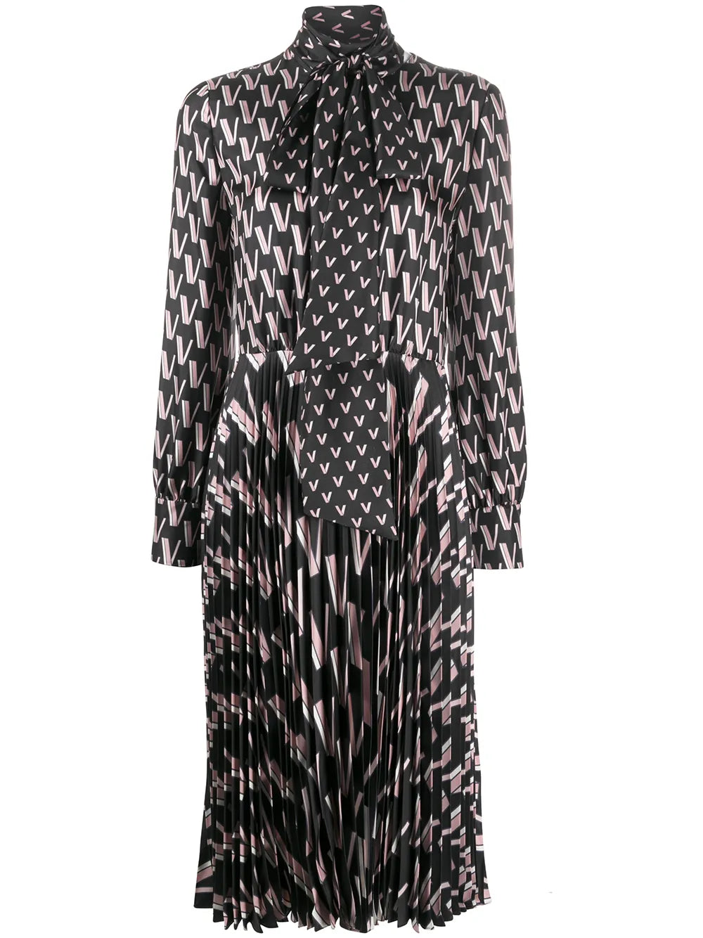 Valentino Garavani Double Vlogo Pussy Bow Dress — Black/ White/ Pink — Size XS — Front View