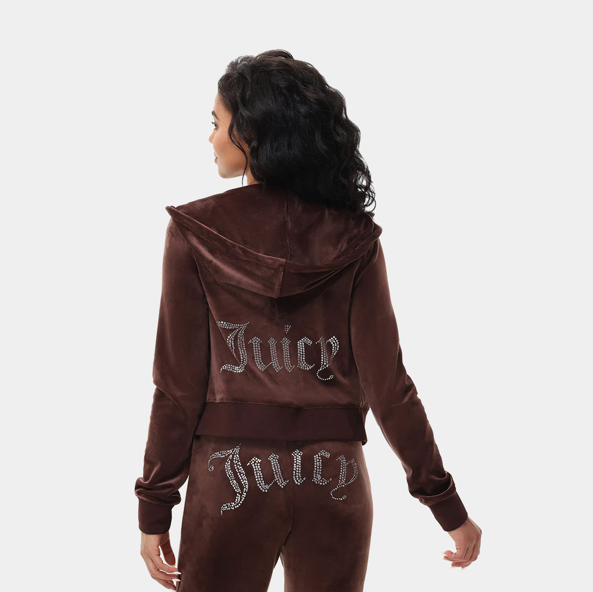Exclusive OG Bling Velour Full Zip Womens Hoodie (Dark Brown) — XS — Side View