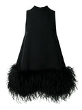Rachel Gilbert Linc Feather Trim Mini Dress — Black — Size M — Front View