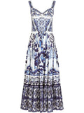 Dolce Gabbana Majolica Print Bustier Maxi Dress — White/ Blue — Size M — Front View