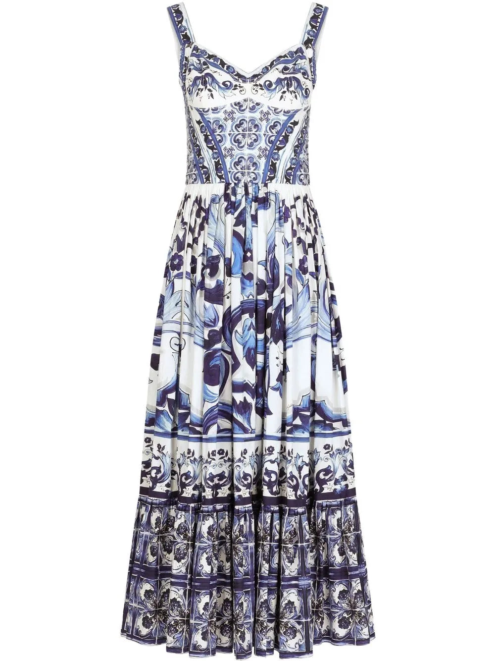 Dolce Gabbana Majolica Print Bustier Maxi Dress — White/ Blue — Size M — Front View