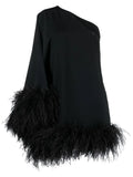 Taller Marmo Piccolo Ubud Feather Trim One Shoulder Dress — Black/ Red — Size S — Front View