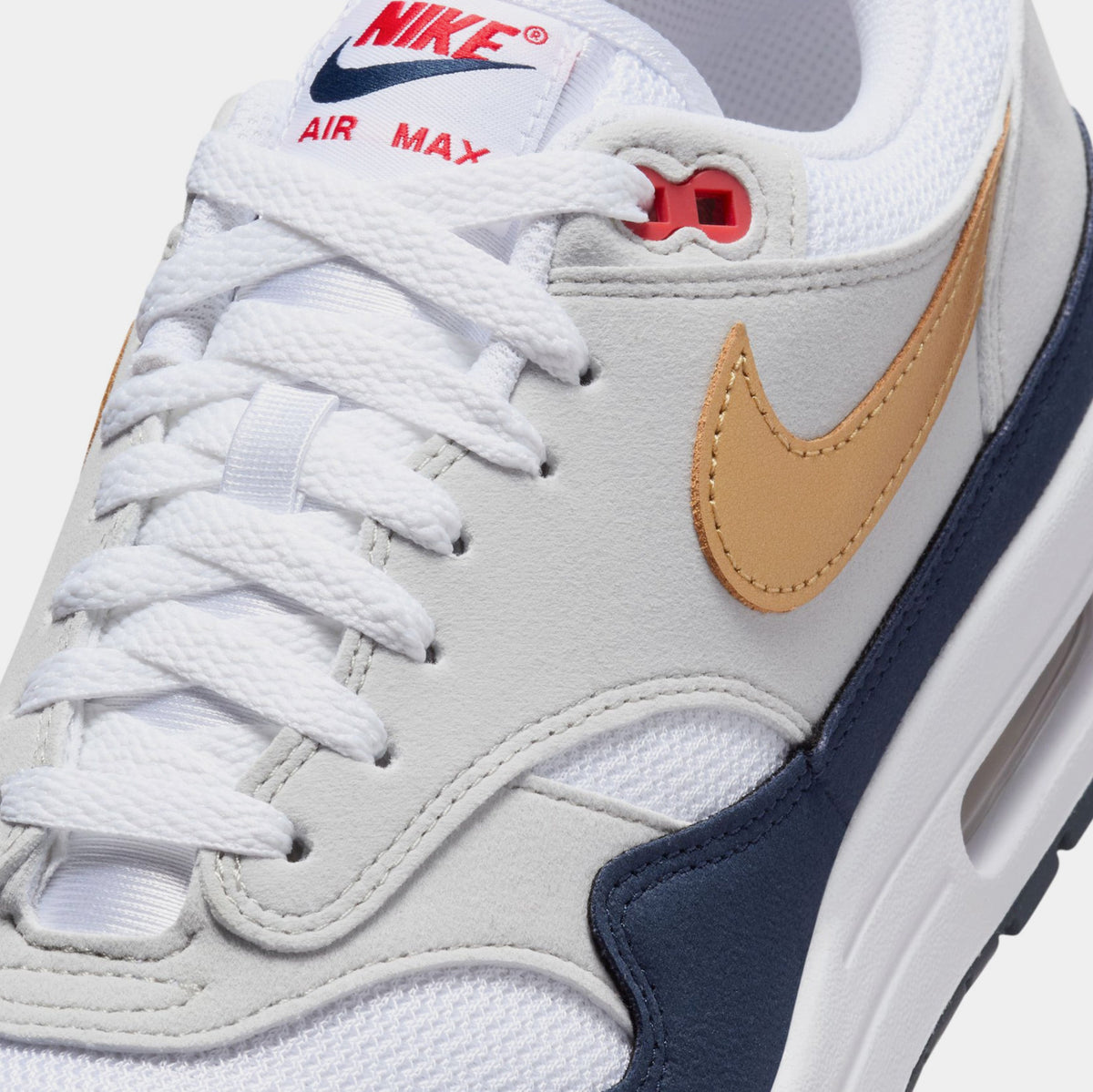 Exclusive Air Max 1 Mens Running Shoes (Obsidian/White/Light Smoke Grey/Metallic Gold) — 4 — Side View