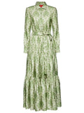 La Doublej Long Sleeve Tied Waist Dress — White/ Green/ Olive/ Cream — Size S — Front View
