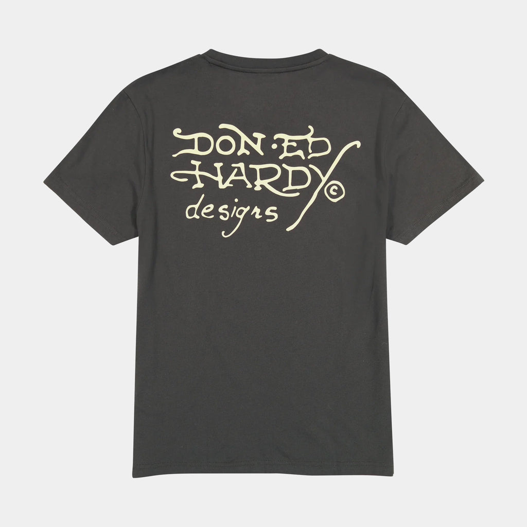 Exclusive Dagger Snake Rhinestone Mens Short Sleeve Shirt (Grey/Yellow) — S — Side View