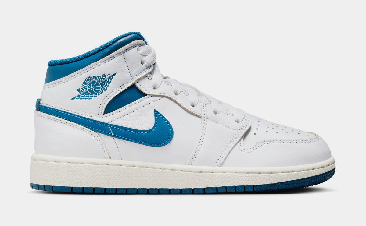 Exclusive Air Jordan 1 Mid SE Industrial Blue Grade School Lifestyle Shoes (White/Sail/Industrial Blue) — 3.5Y — Front View