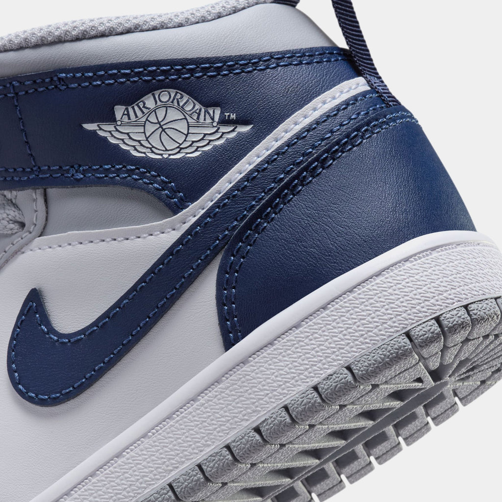 Exclusive Air Jordan 1 Retro Mid Wolf Grey Midnight Navy Preschool Basketball Shoes (White/Wolf Grey/Midnight Navy) — 10.5C — Back View