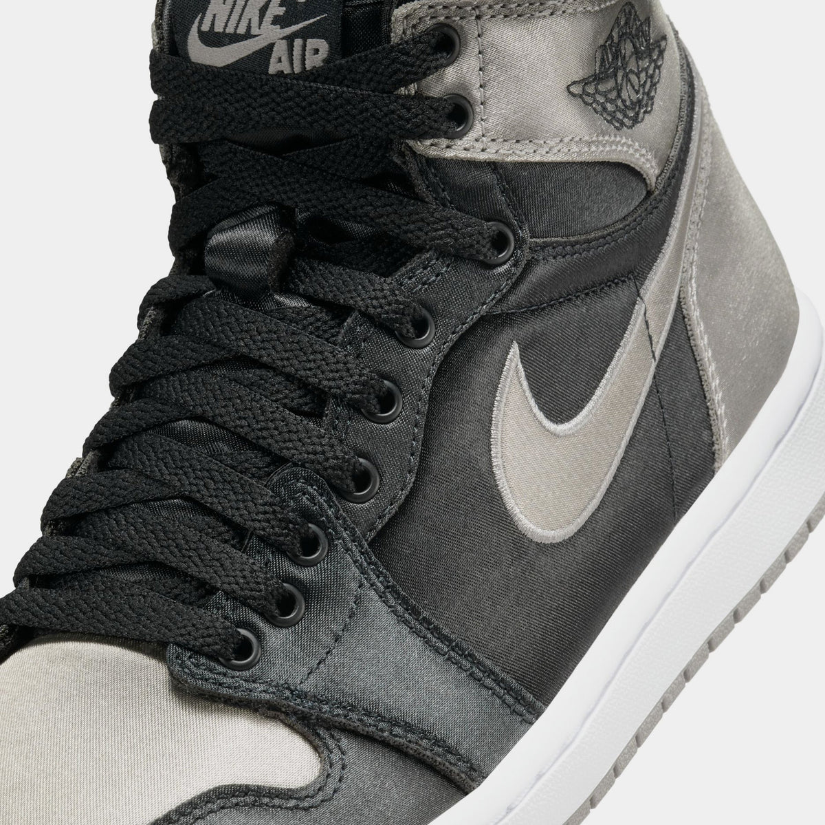 Exclusive Air Jordan 1 Retro High OG Satin Shadow Womens Lifestyle Shoes (Black/Medium Grey/White) Final Sale — 5 — Side View