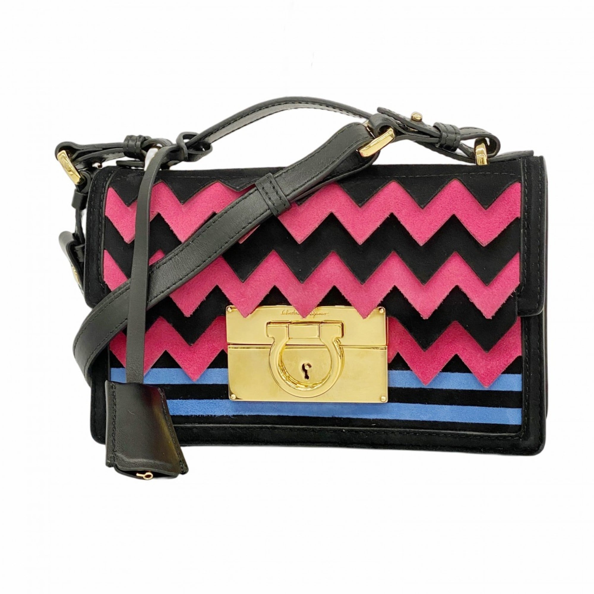 Salvatore Ferragamo Black Blue Pink Suede Handbag (Pre-Owned)