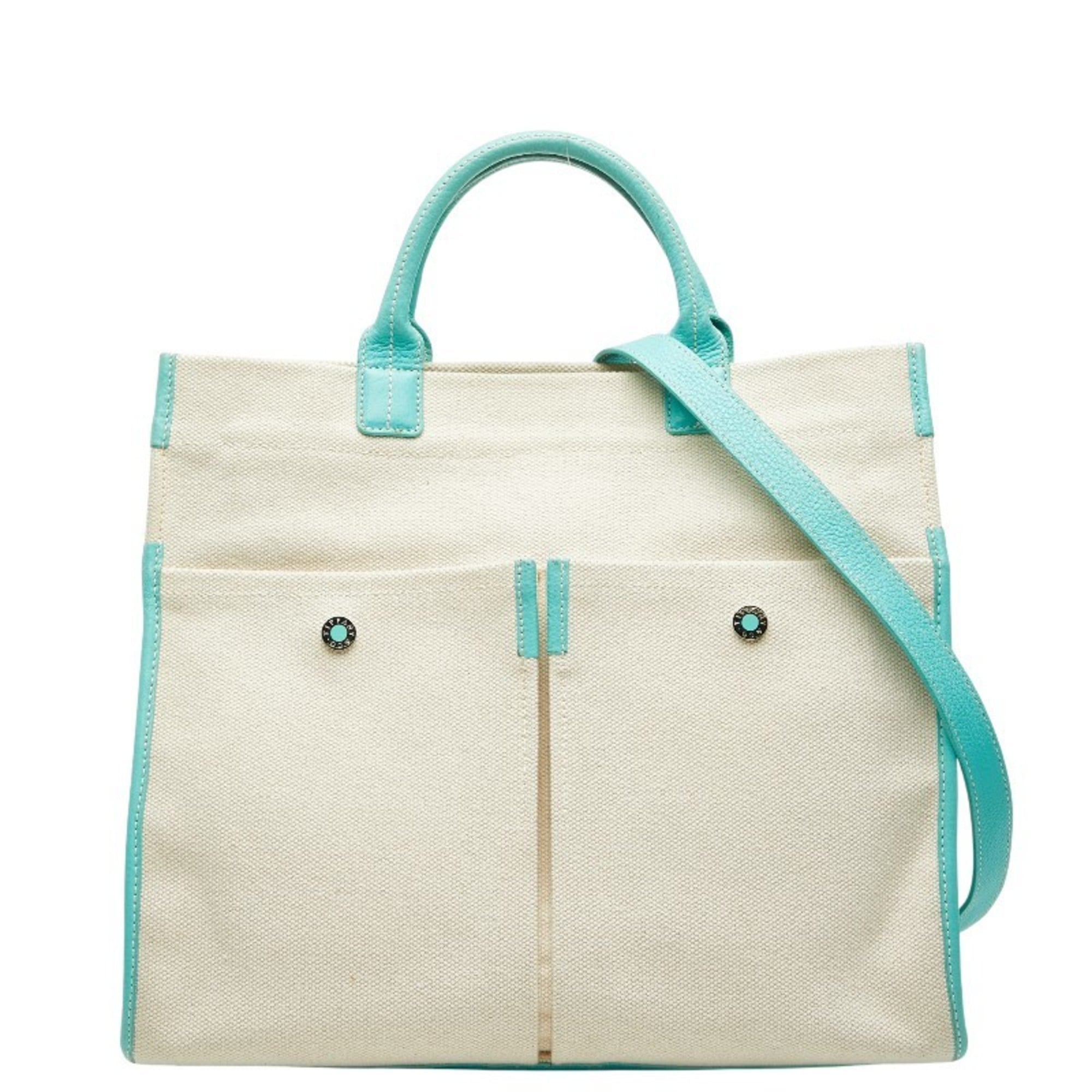 Tiffany Tiffany Blue White Canvas Leather Handbag Shoulder Bag (Pre-Owned)