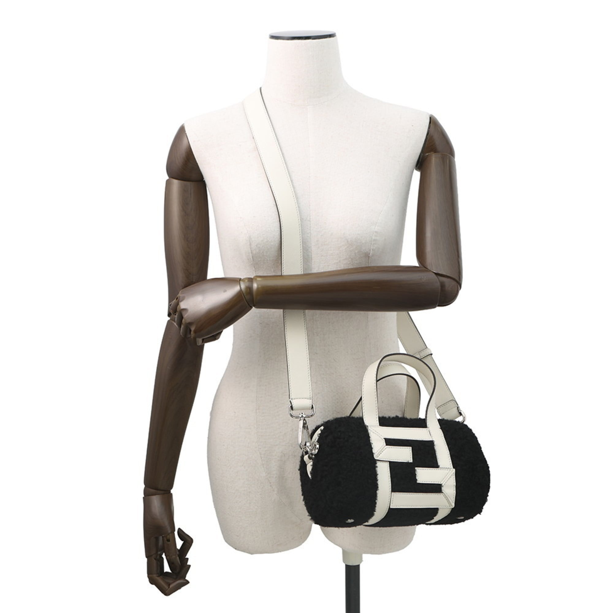 Fendi Zucca Black White Leather Fur Handbag (Pre-Owned)