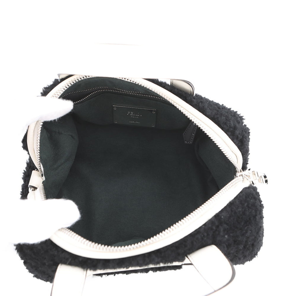 Fendi Zucca Black White Leather Fur Handbag (Pre-Owned)