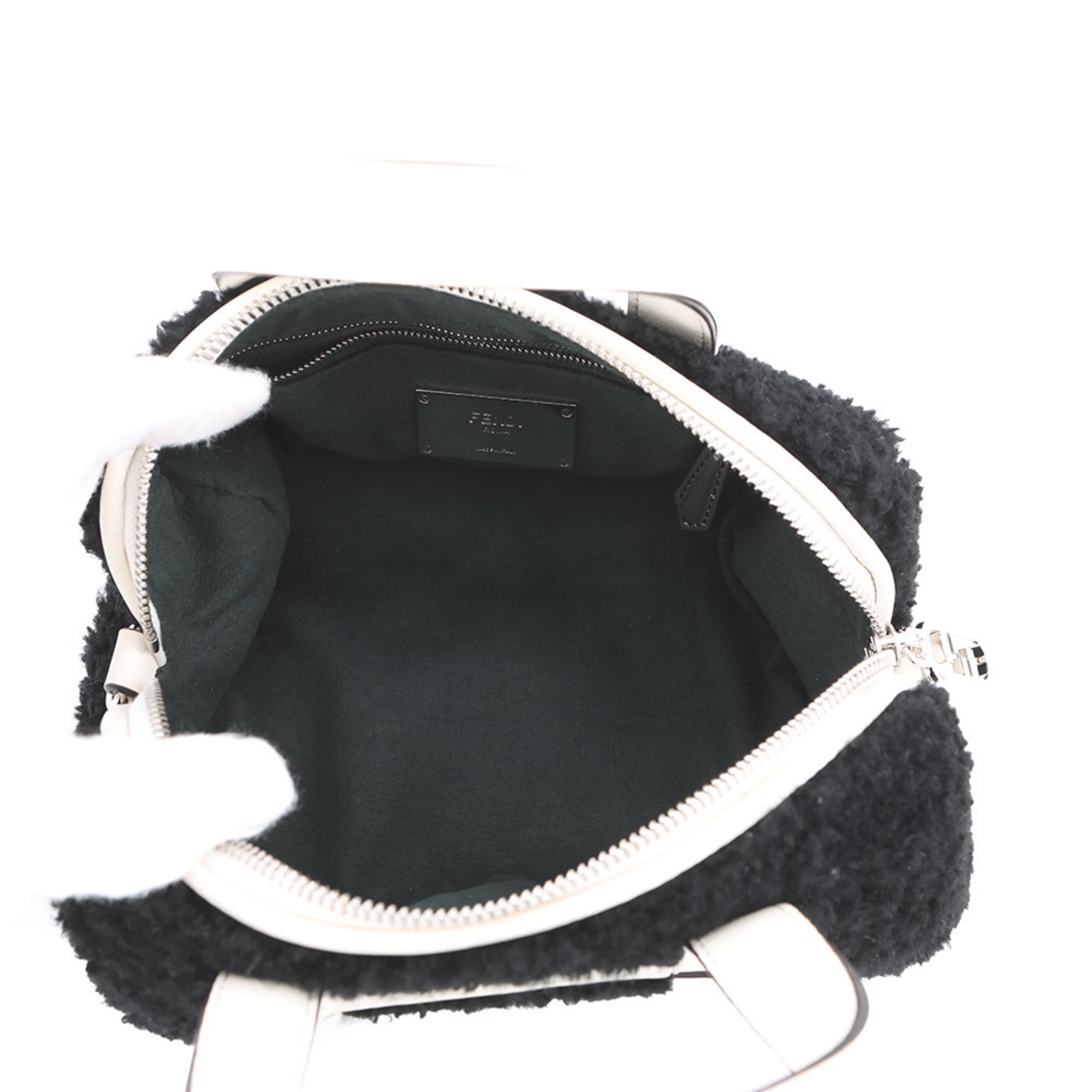 Fendi Zucca Black White Leather Fur Handbag (Pre-Owned)