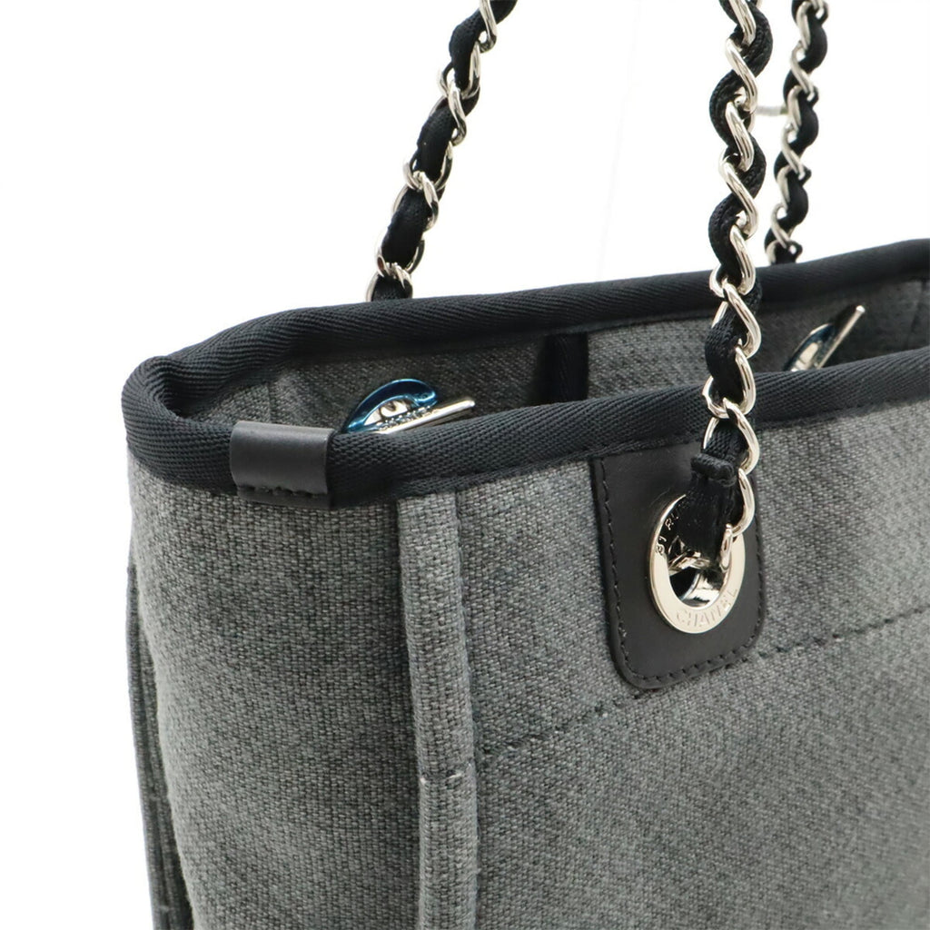 Chanel Black Gray Canvas Leather Shoulder Bag Tote Bag (Pre-Owned)