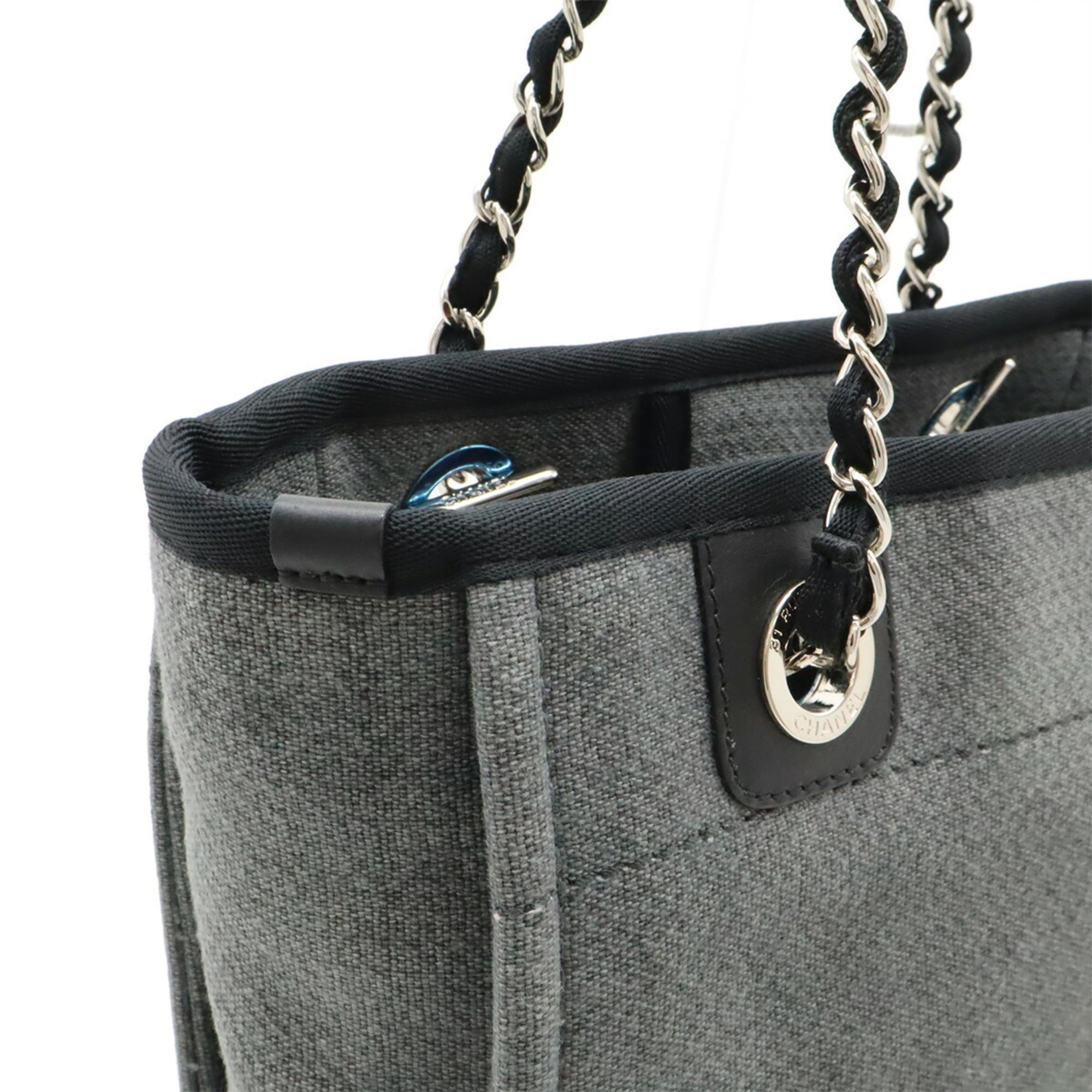 Chanel Black Gray Canvas Leather Shoulder Bag Tote Bag (Pre-Owned)