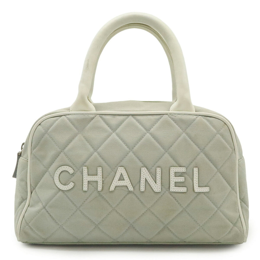 Chanel Light Gray White Canvas Leather Handbag (Pre-Owned)